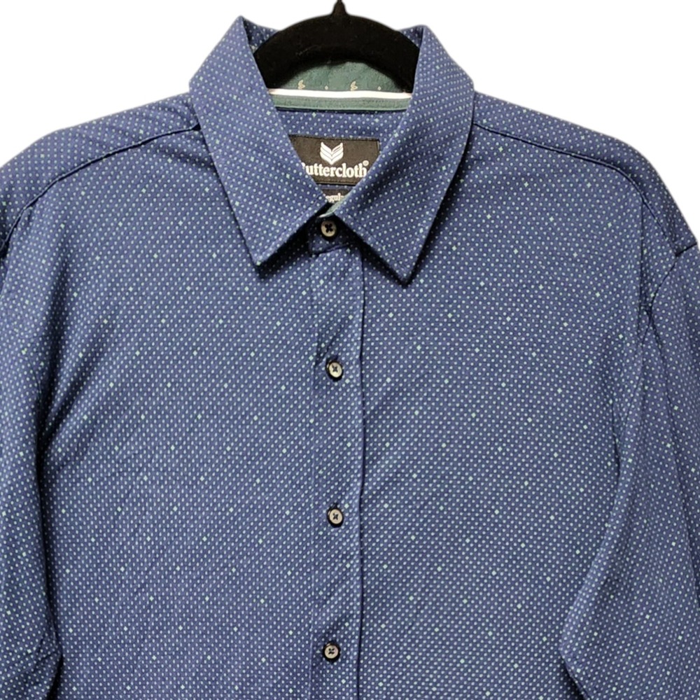 Buttercloth Shirt Men Large Blue Green Micro Dot Long Sleeve Regular Fit Stretch